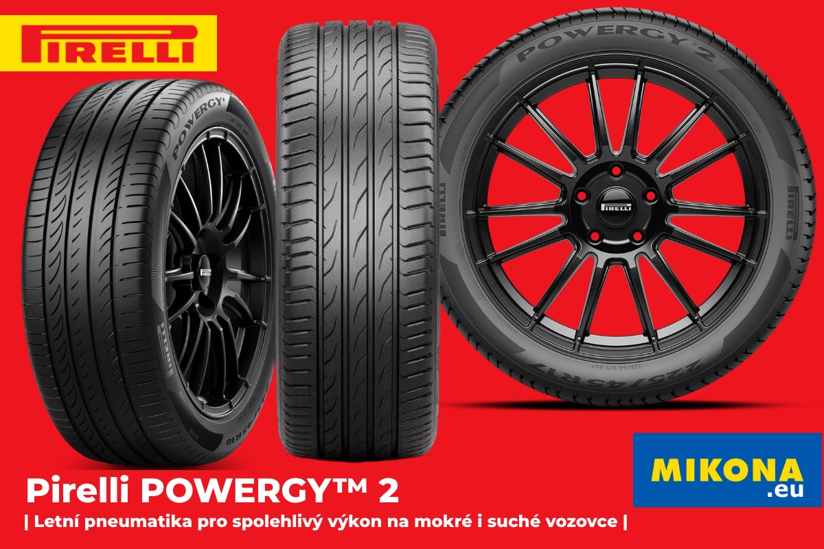 Letní pneumatika Pirelli POWERGY 2 – detail dezénu, boční pohled a disk na žlutém pozadí, Mikona